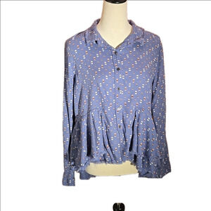 True Craft Womens Shirt Raw Edged Long Sleeve Grey-Blue High-Low Hem Size XL